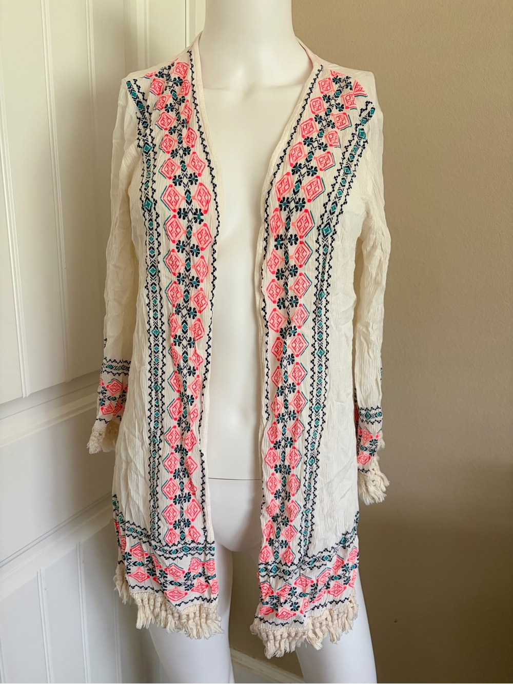 Embroidered Tribal Print Fringe Tassel Sheer Kimono Cover Up